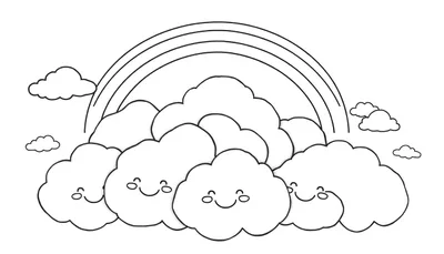 Placa de color de un arcoíris amigable sobre nubes sonrientes.
