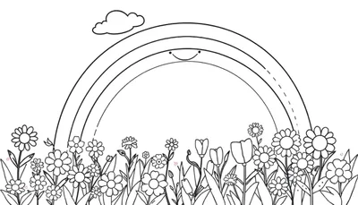 Placa de color de un arcoíris sonriente sobre un campo de flores.
