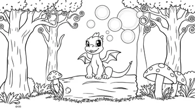 Placa de color de un lindo dragón soplando burbujas