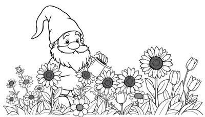 Página para colorear en blanco y negro de un gnomo amistoso regando flores con una regadera, con un insecto volando cerca, con la frase 'placa de color'.