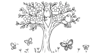 Página para colorear de un árbol florecido con pájaros y mariposas, una placa de color lista para la creatividad.