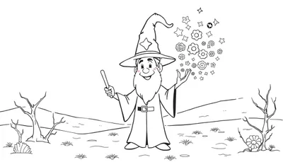 Un mago sonriente con un sombrero puntiagudo listo para añadir color a esta placa de color.