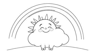 Un dibujo para colorear en blanco y negro de un sol sonriente y amigable asomándose detrás de una nube, con un arcoíris encima y el suelo debajo. Este es un ejemplo de placa de color.