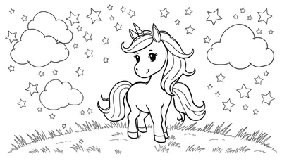 Placa de color de un unicornio amigable con estrellas y nubes.
