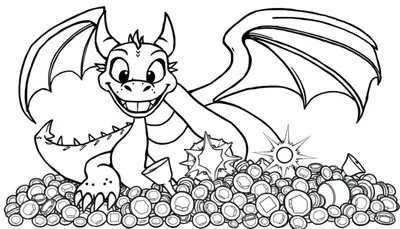Placa para colorear de un dragón amigable sentado sobre tesoros.
