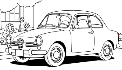 Un coche Alfa Romeo clásico de dibujos animados listo para colorear, con líneas gruesas y sencillas.