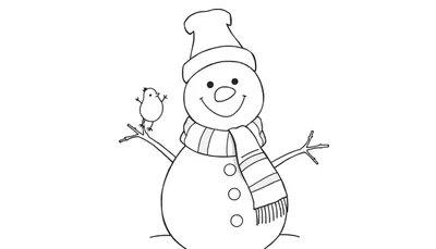Muñeco de nieve para colorear con gorro, bufanda y pájaro, parte de una placa de color.