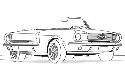 Dibujo lineal de un Ford Mustang clásico descapotable listo para colorear, destacando su placa de color.