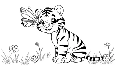Un cachorro de tigre blanco y negro con líneas gruesas para colorear, sentado en un campo de flores de dibujos animados con una mariposa en su cara. Placa de color.