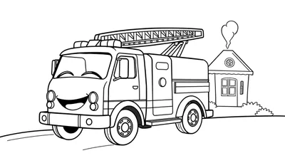 Página para colorear de un camión de bomberos sonriente con una placa de color.