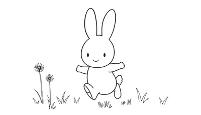 Un dibujo lineal de Miffy la conejita corriendo feliz en un prado, listo para colorear. Placa de color.