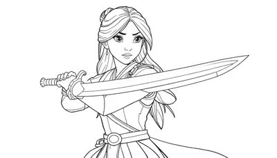 Dibujo de Mulan lista para la batalla, sosteniendo una espada, con armadura, para colorear en una placa de color.