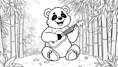Un panda adorable tocando el ukelele en un bosque de bambú, página para colorear en placa de color.