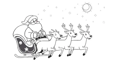 Papá Noel en trineo con renos, página para colorear con placa de color.