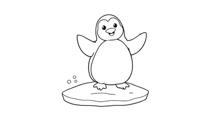 Pingüino de dibujos animados sonriente listo para colorear, con contorno negro sobre fondo blanco. Incluye un trozo de hielo y burbujas. Obra de arte de placa de color.