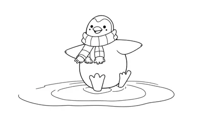 Un pingüino feliz con bufanda a rayas listo para colorear en una placa de color.