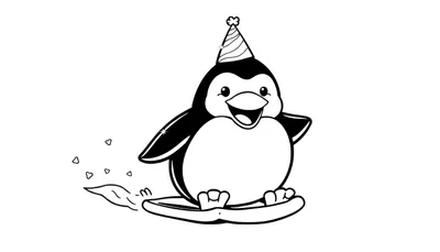 Un pingüino de dibujos animados con gorro de fiesta deslizando sobre una tabla, dejando un rastro de vapor y corazones. Ilustración en blanco y negro para colorear.