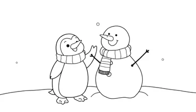 Placa de color de un pingüino amigable construyendo un muñeco de nieve con bufanda a rayas y zanahoria.