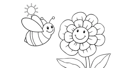 Placa de color de una abeja feliz volando hacia una flor sonriente con un sol brillando.