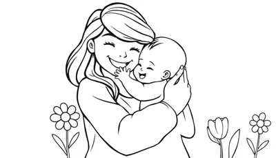 Placa de color de una madre feliz abrazando a su bebé rodeados de flores.