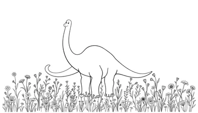 Una placa de color de un Diplodocus amistoso con flores.