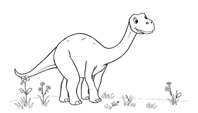 Placa de color de un dinosaurio de cuello largo sonriente rodeado de hierba y flores.