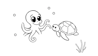 Placa de color con un pulpo amigable y una tortuga marina jugando en el océano.