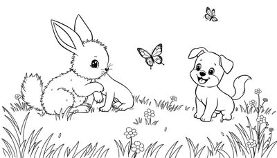 Placa de color con un conejo y un cachorro en un prado con flores y mariposas.