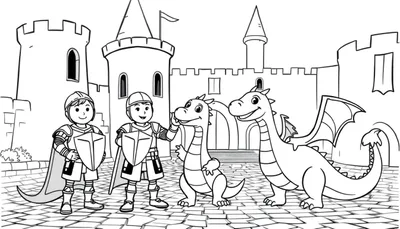 Placa de color de dos caballeros con dragones frente a un castillo.