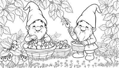 Placa de color con dos gnomos recolectando bayas.