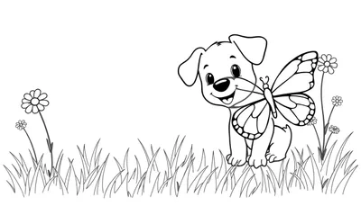 Un cachorro sonriente sosteniendo una mariposa en su hocico, rodeado de hierba y flores, listo para una placa de color.