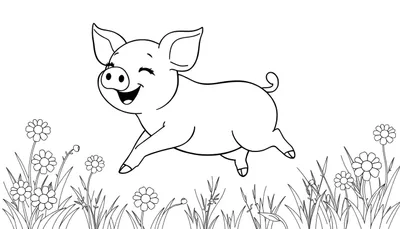 Placa de color de un cerdito feliz saltando sobre flores.