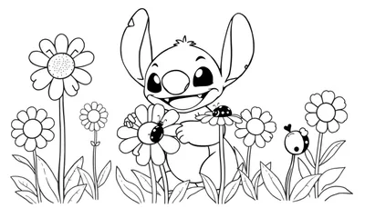 Placa de color de Stitch con flores y mariquitas.