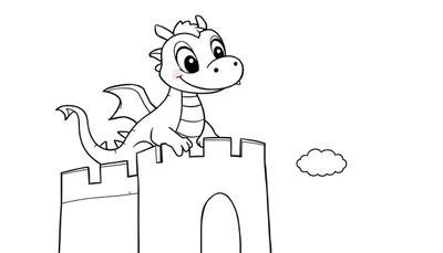 Un dibujo en blanco y negro de un dragón amigable con grandes ojos y una sonrisa, posado en la cima de un castillo con almenas y una pequeña nube al lado, listo para ser coloreado.