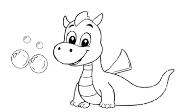Un dragón amigable de dibujos animados soplando burbujas, listo para colorear con líneas en una placa de color.