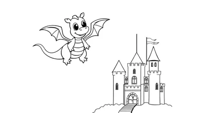 Placa de color de un dragón amigable volando sobre un castillo.