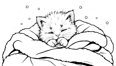 Una placa de color negro y blanco de un gatito durmiendo acurrucado en una manta con copos de nieve de fondo.