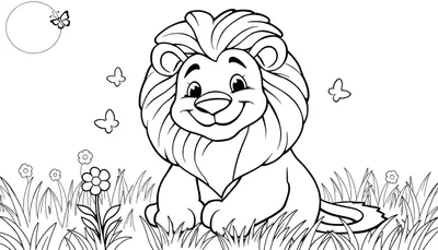 Placa de color de un león de dibujos animados sentado en una pradera.