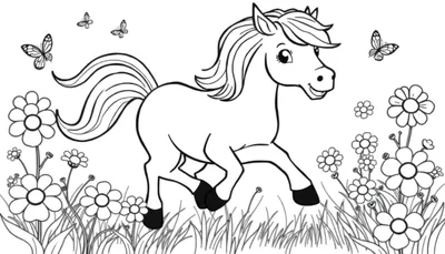 Placa de color de un caballo joven y alegre corriendo en un campo de flores con mariposas.