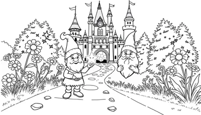Una placa de color de un castillo de fantasía con un duende amigable.