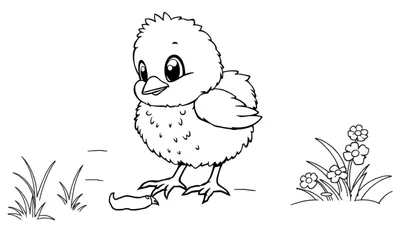 Una placa de color para colorear con un pollito buscando un gusano.