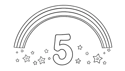 Placa de color con el número 5, arcoíris y estrellas sonrientes.