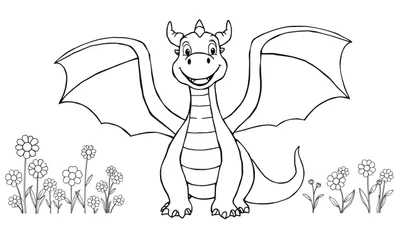 Placa de color de un dragón amigable con alas y flores.