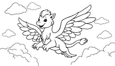 Placa de color de un grifo amigable volando entre nubes.