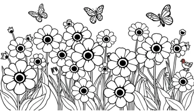 Placa de color con un prado de flores y mariposas.