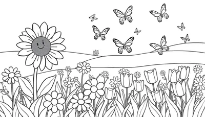 Placa de color de un jardín con flores sonrientes y mariposas.