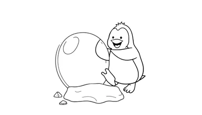 Placa de color: un pingüino sonriente con un huevo grande a su lado.