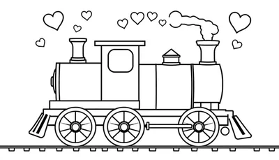 Placa de color de una locomotora de vapor con corazones, lista para colorear.