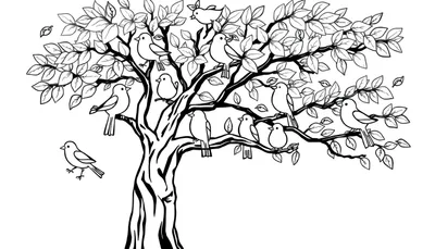 Placa de color de un árbol con muchos pájaros cantando.