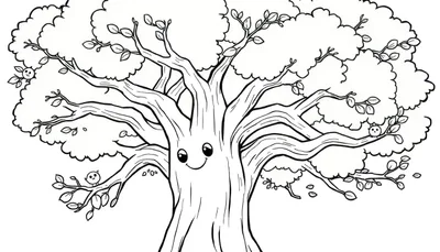 Árbol de colorear con cara sonriente y pájaros, listo para la placa de color.